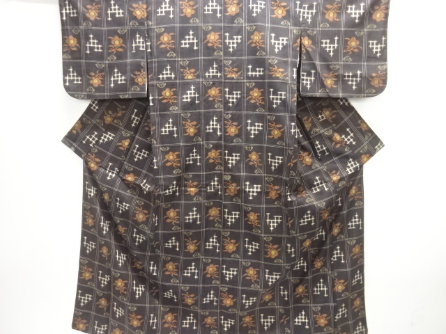 格子に花・井桁絣織り出し手織り節紬着物